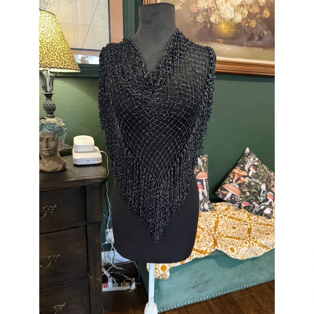 Vintage‎ Metallic Black Crochet Net Fringe Triangle Shawl Wrap Scarf Shimmer